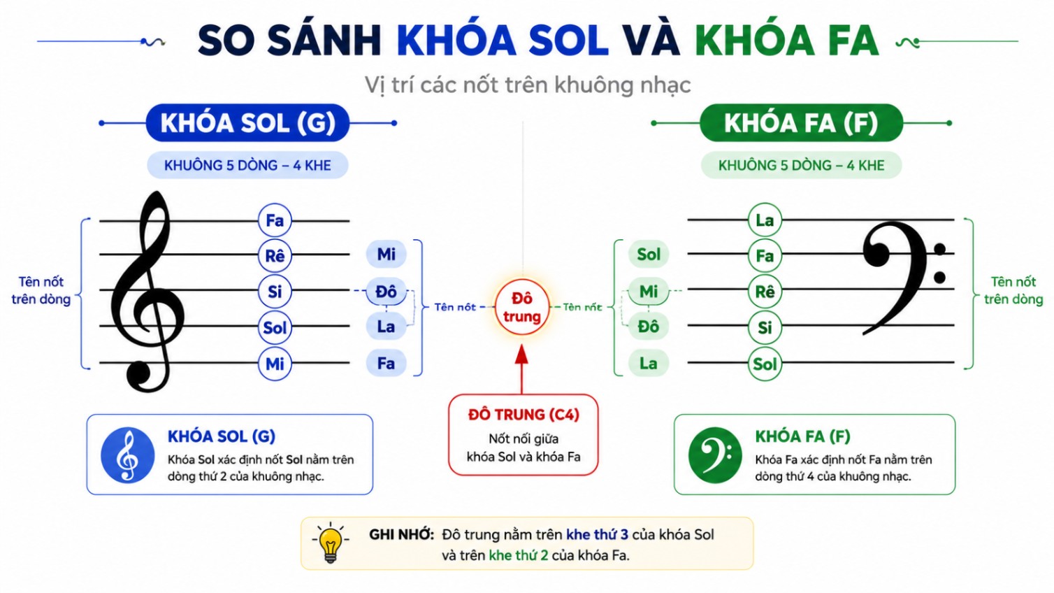 nốt nhạc trên khóa Sol và khóa Fa