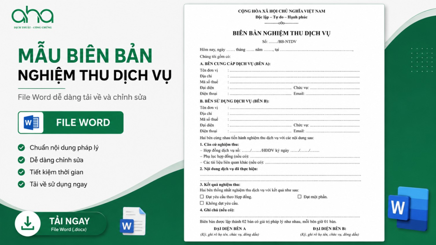 Mẫu biên bản nghiệm thu dịch vụ file Word dễ tải