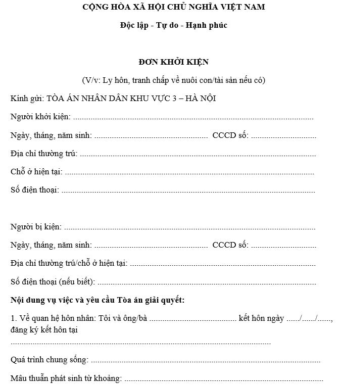 Mẫu đơn ly hôn đơn phương - khởi kiện