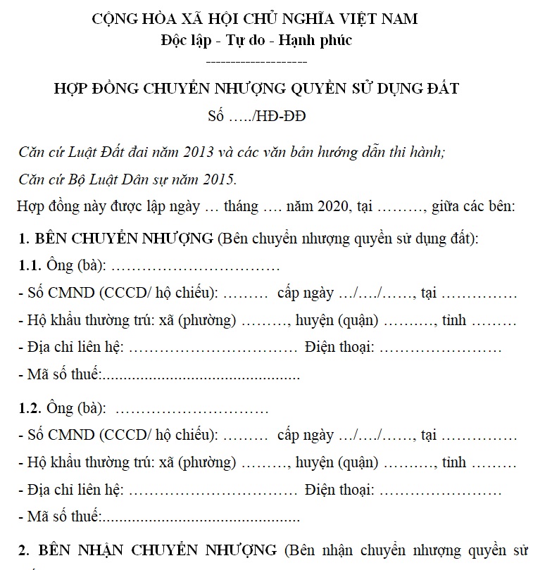 Mẫu hợp đồng chuyển nhượng quyền sử dụng đất