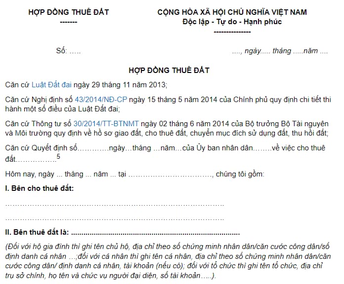 Mẫu hợp đồng thuê đất