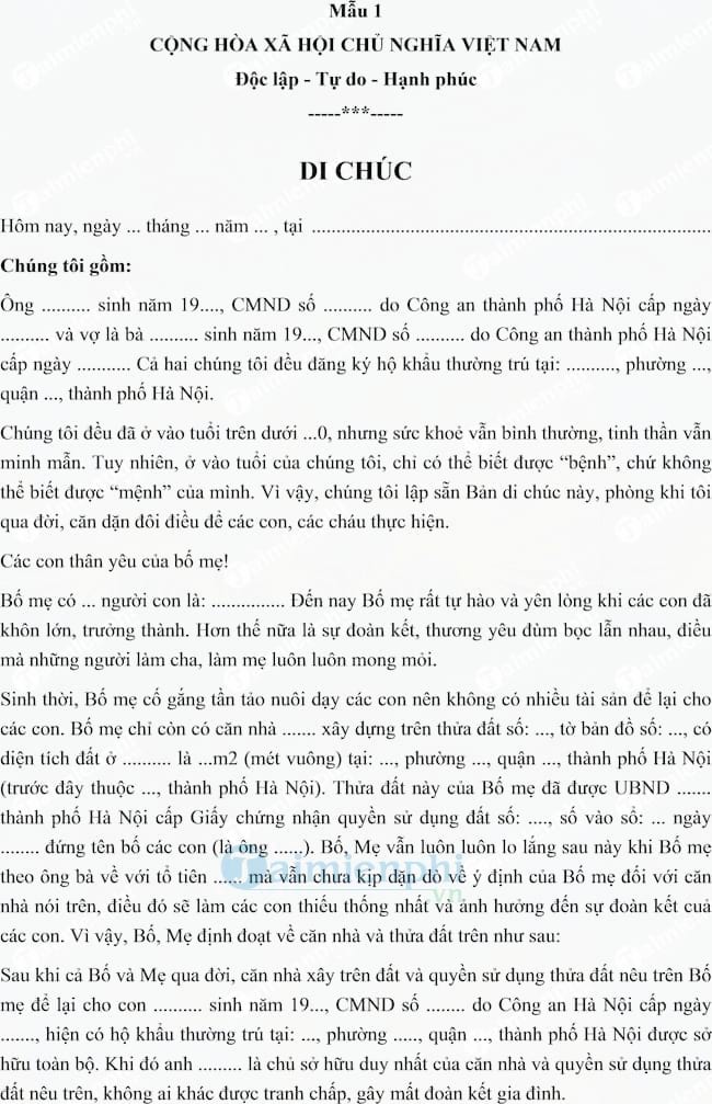 Mẫu văn bản di chúc thừa kế hợp pháp, viết tay, đánh máy, Di chúc có n