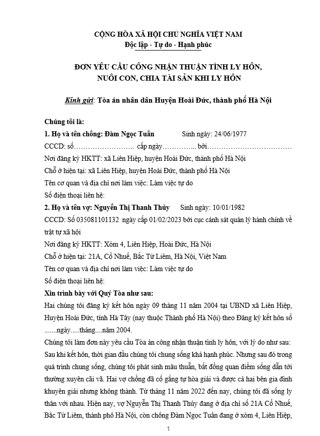 Mẫu đơn xin ly hôn vì không hợp nhau [Ví dụ cụ thể]